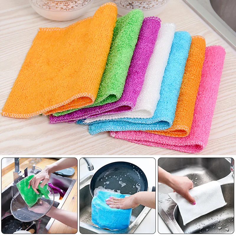 

1PC Double Thickness Dish Cloth Bamboo Fiber Home Kitchen Anti-grease Washing Towel Soft Cleaning Wiping Rags