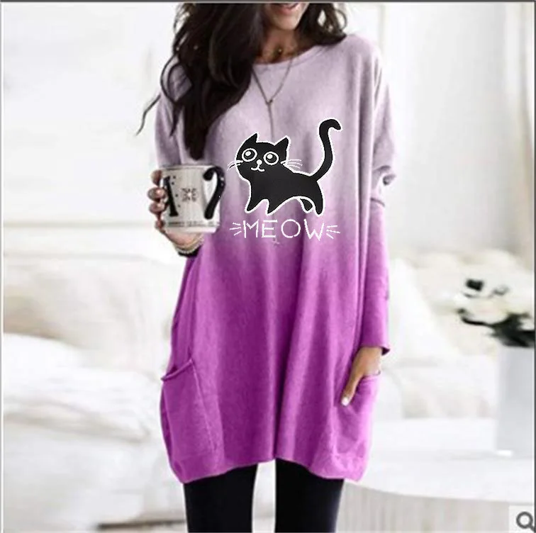 

Spring Autumn Fashion Gradient Color Cat Print Plus Size T-Shirt O-Neck Long Sleeve Pockets Loose Casual Tops Womens T-Shirts