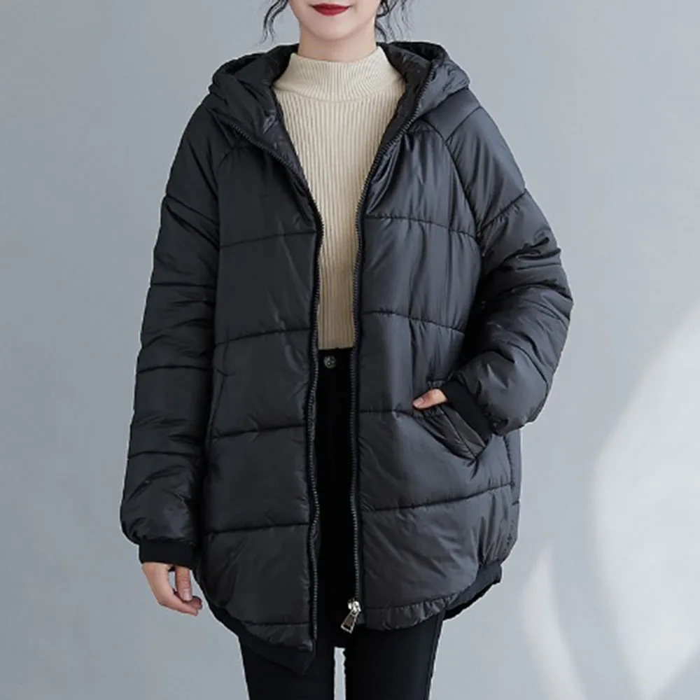 

Женское зимнее пальто с капюшоном, на молнии, с рукавами реглан и карманами, черная стеганая куртка, повседневная женская верхняя одежда, те...