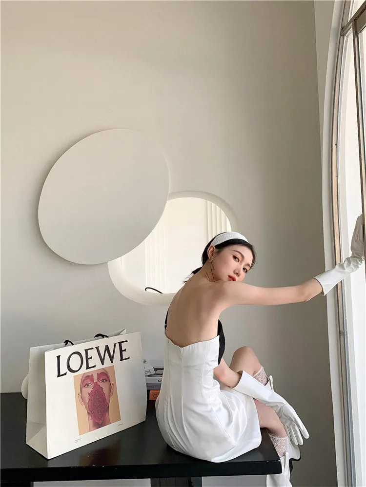 

Bornladies Designer Summer Spaghetti Strap Cami Dress Patchwork Tunic A Line Backless White Ladies Mini Sexy Club Dress 2021