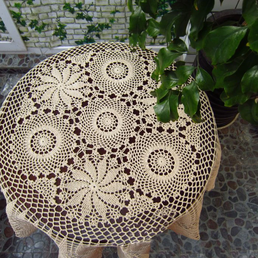 

127cm Round Shape Hand made Crochet Vintage Knit Retro Decorative Hook Engraving Flower Weaved/Knitted Round Tablecloth