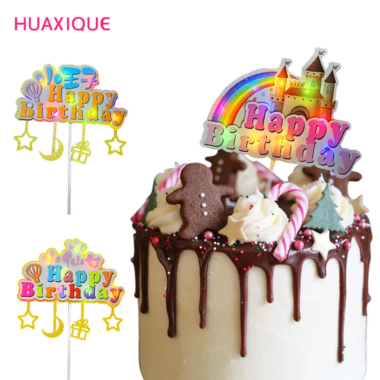 

Pink Blue Balloon Colorful Rainbow Castle Moon Happy Birthday Cake Topper Kids Party Decoration Decoration for Baking Cute Gifts