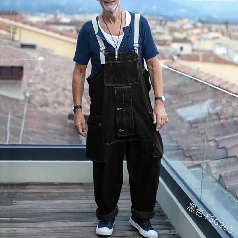 Джинсовый комбинезон мужской Длинные однотонные свободные штаны с карманами