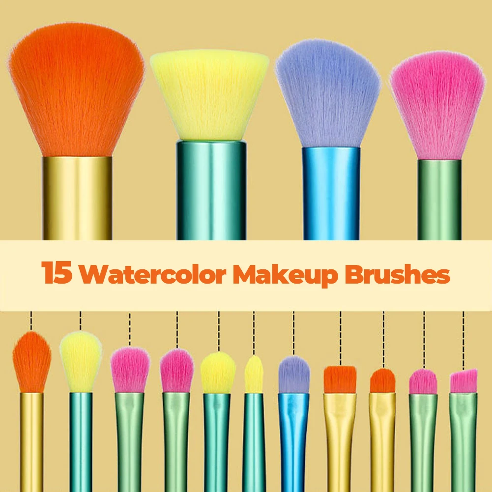 

Набор цветных профессиональных кистей для макияжа, кисточки для основы, теней, консилера, синтетические волосы, 15 шт.