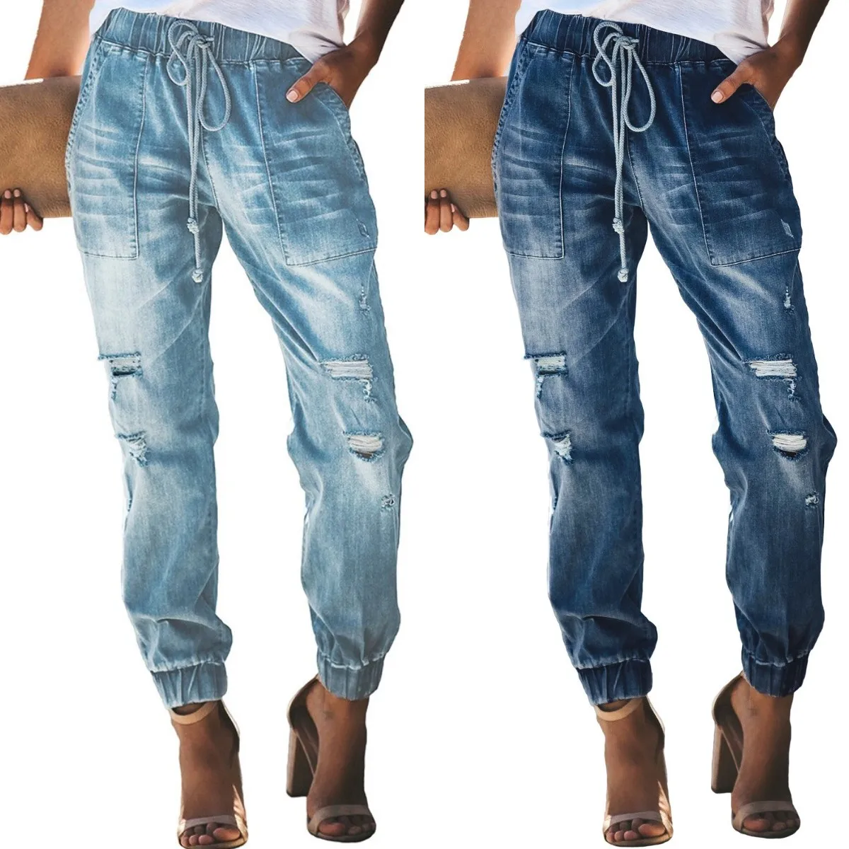 

Women Vintage Elastic Waist Drawstring Washed Ripped Hole Distressed Jeans Ladies Casual Denim Pants