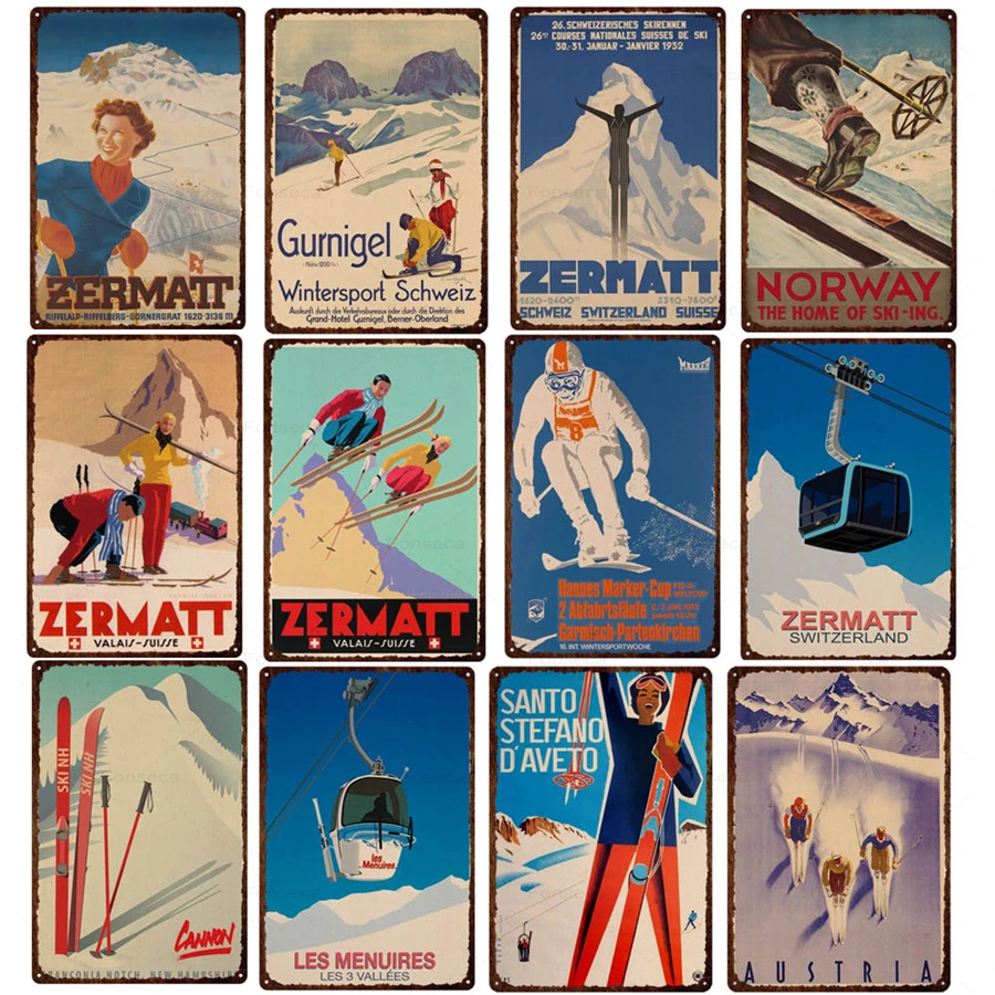 

Skiing Travel Metal Signs Les Alpes Ski Propaganda Tin Plaques Iceland Landscape Vintage Wall Decor Verbier Cable Tin Painting