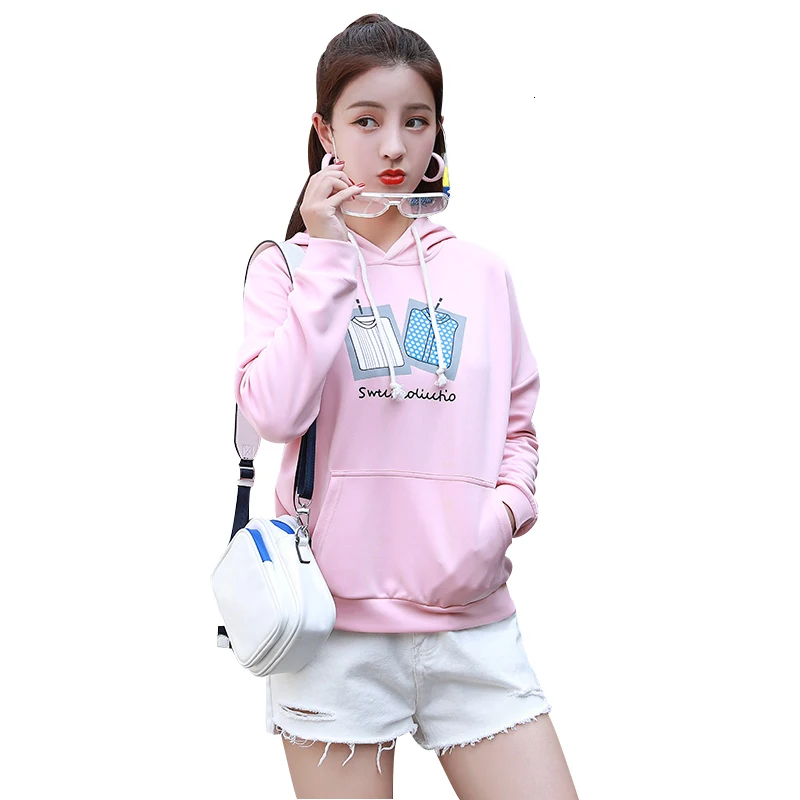 Женская спортивная одежда с капюшоном на осень белым розовым хлопковым пальто и