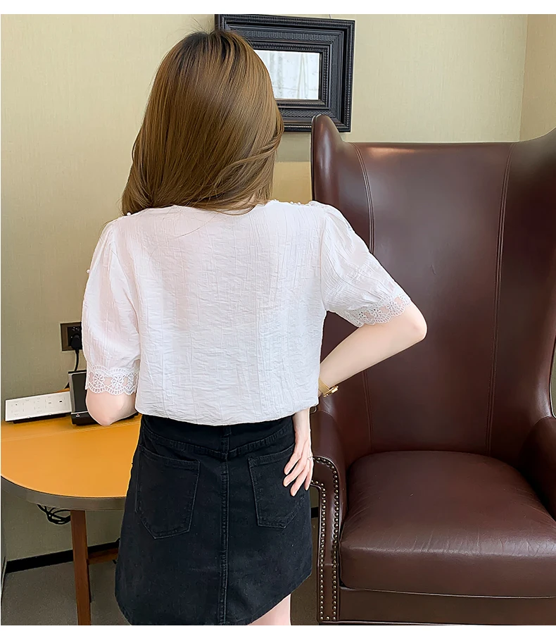 

Summer Korean Chiffon Women Blouses Office Lady Shirts Elegant Lace Short Sleeve Woman Shirt Loose White Woman Shirts
