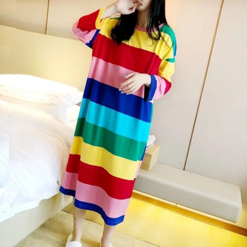 

Women Rainbow Striped Loose Long Nightdress Home O Collar Long-sleeved Nightdress