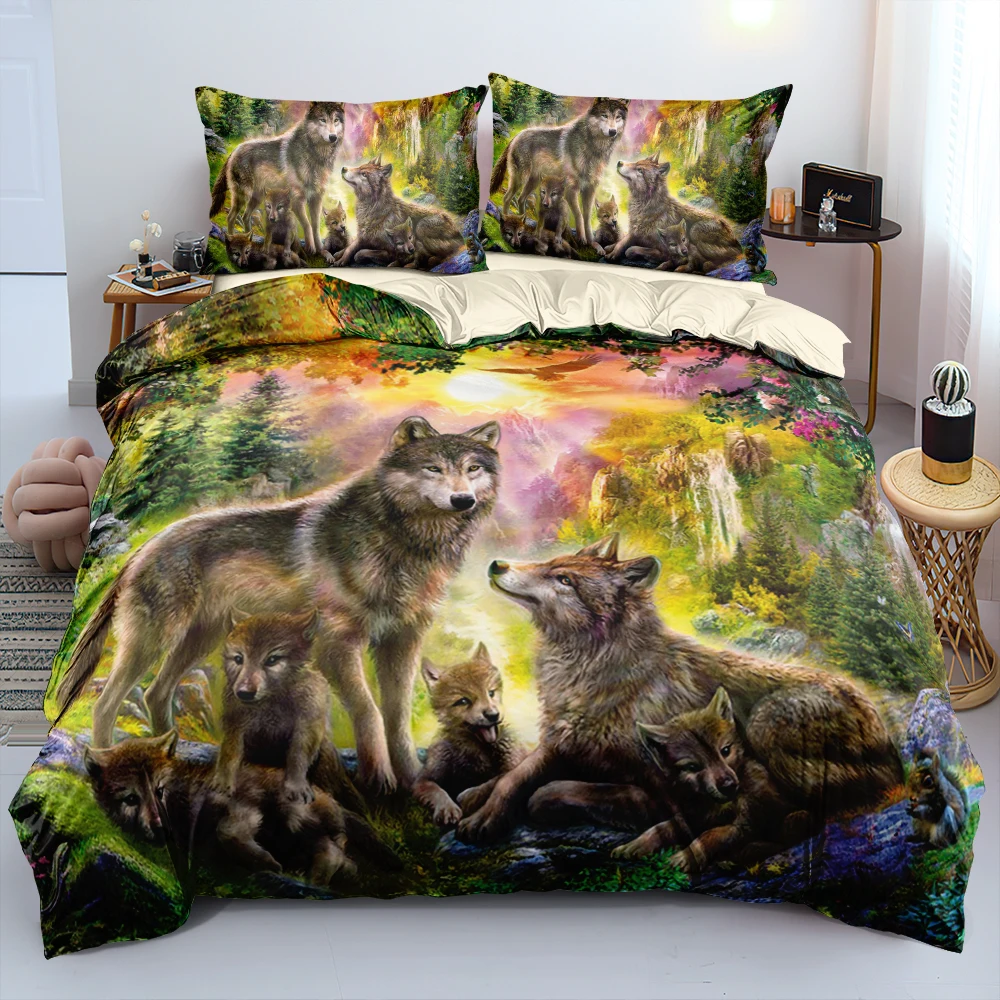 

HD Wolf Family Bed Linen Double-sided Comforter/Duvet Cover Set Twin Queen King Size 140x210cm Bedding Set Fashion Decoration