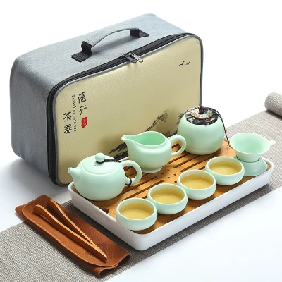 Качественный дорожный чайный набор кунг-фу чайник чашки gaiwan infuser chahai портативная коробка cozies деревянный бамбуковый поднос китайский чайный церемониальный набор - Цвет: SET 11
