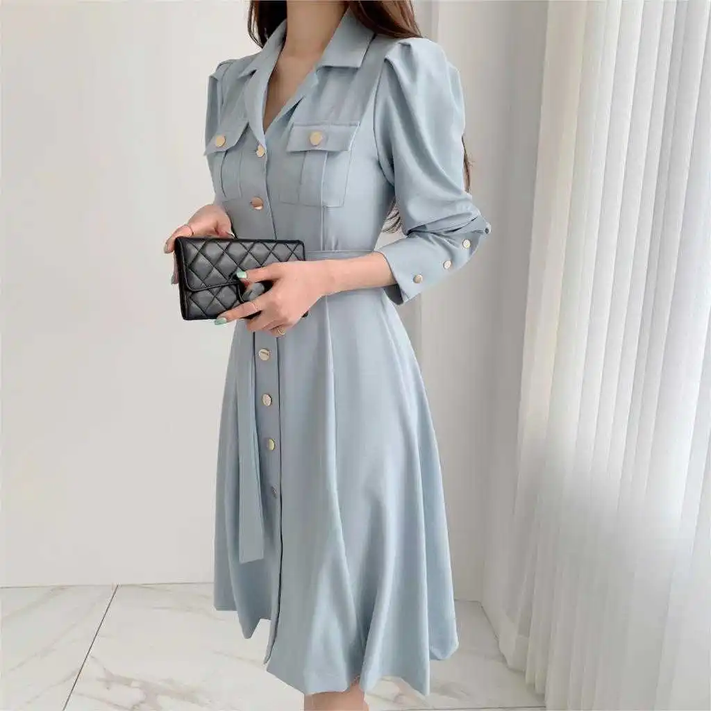 

Casual Spring Summer Women Shirt Dress Long sleeve Office Lady Slim With Belt A-line Female Dress