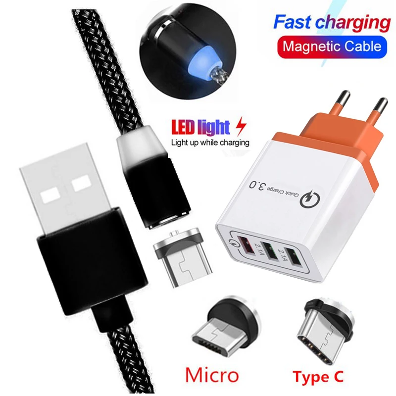 Магнитный USB Type C Micro светодиодный кабель для Samsung S8 S9 S10 Plus Note 10 9 8 LG G2 G3 G4 G5 G6 G7 3 0