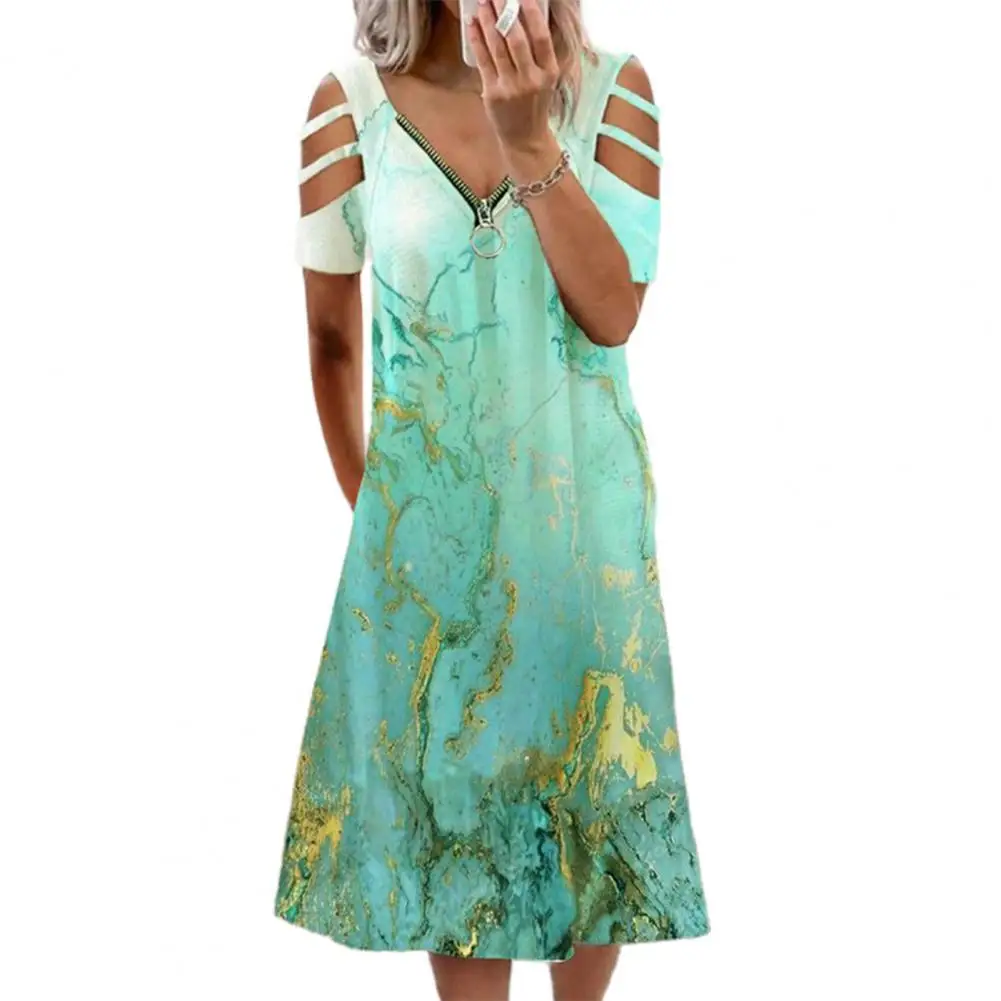 

Women Dress Sexy Zipper V Neck Loose 5 Colors Ladies Hollow Out Short Sleeve Dress Holiday Ladies A Line Wide Hem Dress