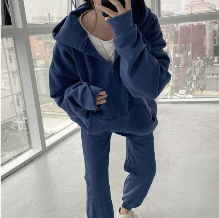 

Women Solid Tracksuits Zip Up Pocket Fleece Warm Hooded Sweatshirts and Pants Autumn Winter Female Korean Casual 2 Pieces Sets