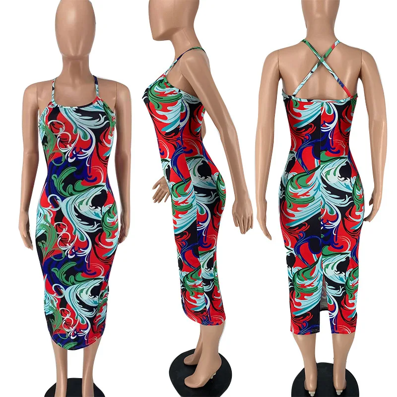 

2021 New Arrival Women Sexy Sheath Print Sleeveless Backless Mid-calf Spaghetti Strap Long Party Dresss