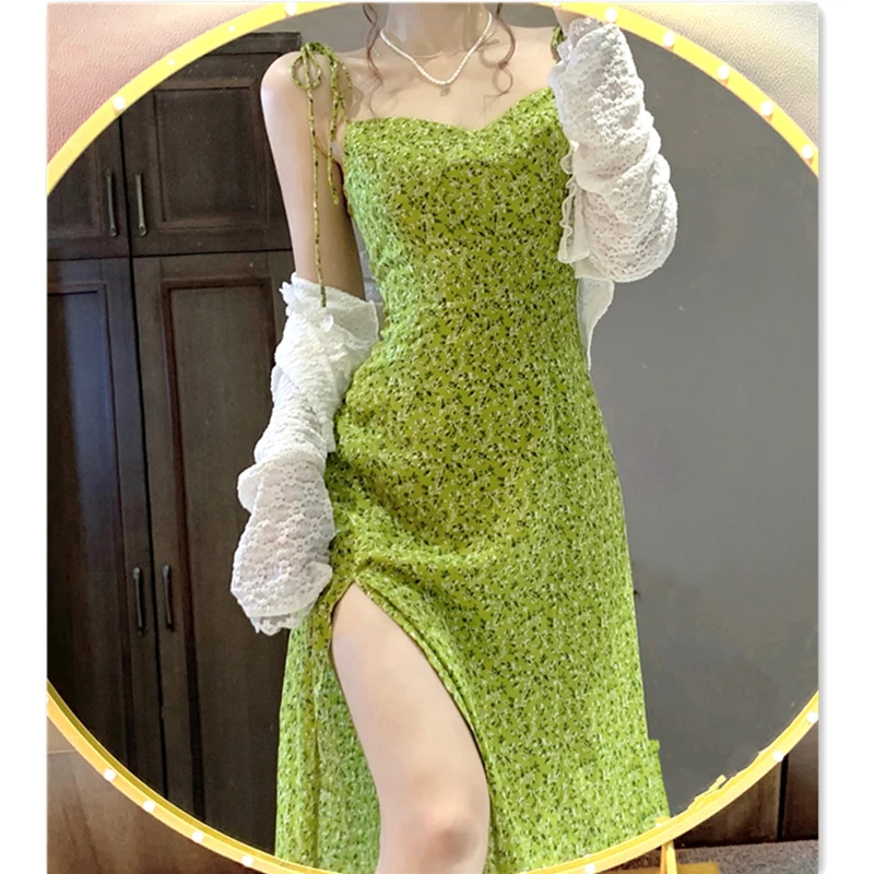 

Korean Fashion Two Piece Set Women Long Sleeve Lace Sunscreen Cardigan + Chiffon Floral Spaghetti Strap Dress 2 Piece Outfits