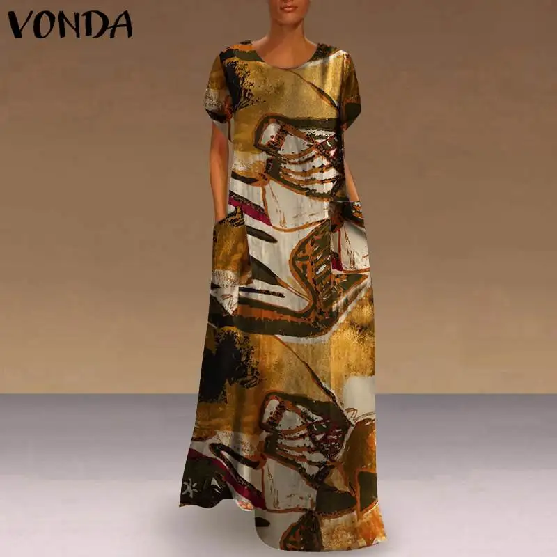 Women Short Sleeve Dress 2022 VONDA Female Casual Cotton Vintage Printed Dress Bohemian Summer Beach Sundress