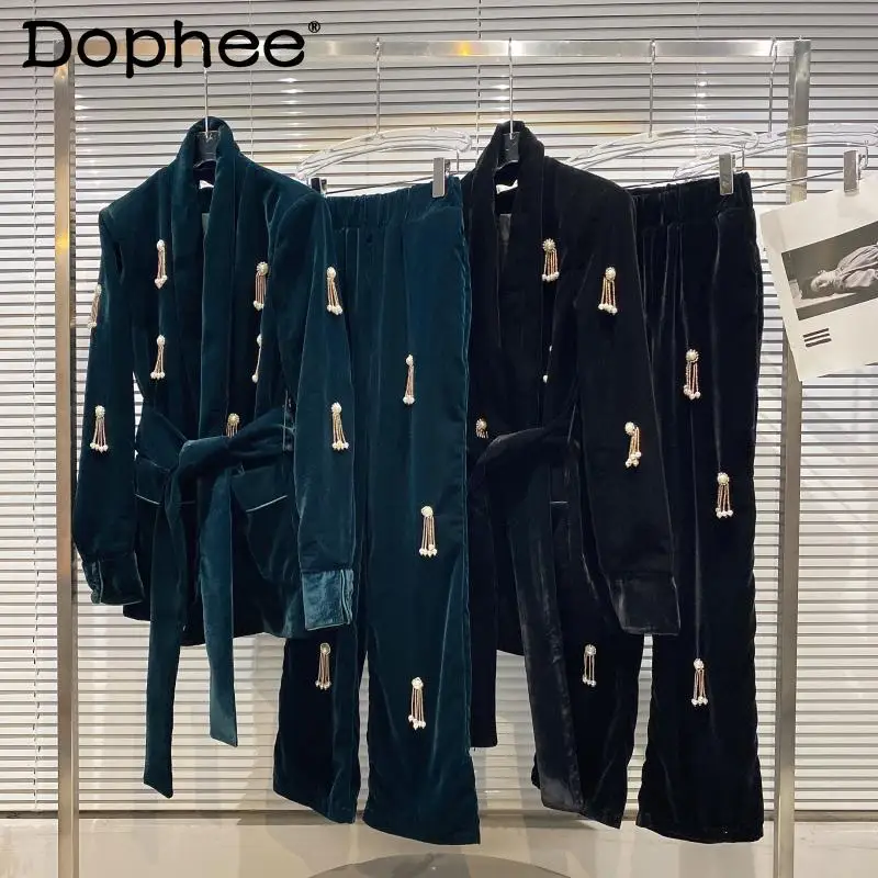 

2021 Fall Winter New Warm Clothes Elegant Socialite Pearl Pendant Gold Velvet Suit Jacket Women Casual Pants Suit Two-Piece Sets