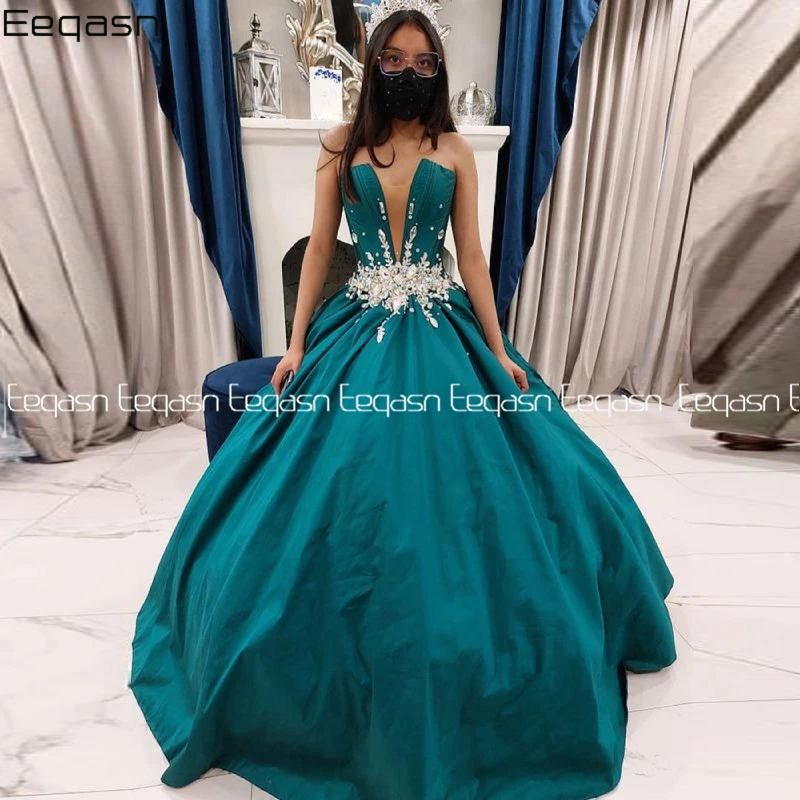

Зеленое платье принцессы, бальное платье, атласное платье с кристаллами, официальное платье, милое элегантное платье для выпускного вечера ...