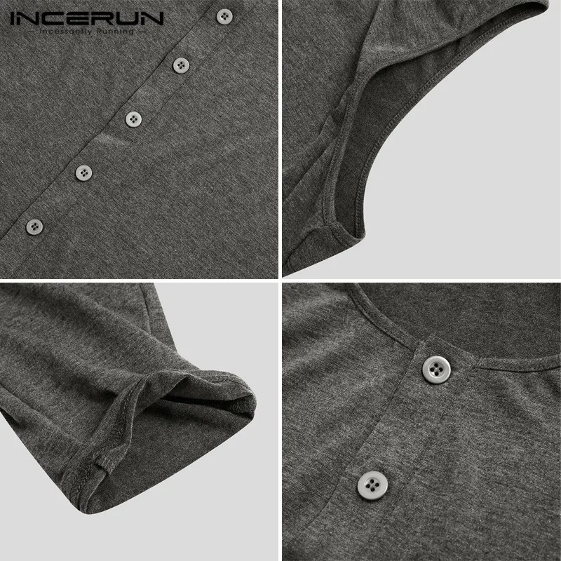 

INCERUN Fashion Men Jumpsuit Solid Color Sleeveless Hooded Fitness Rompers Homewear Bodybuilding Button Casual Overalls Pajamas