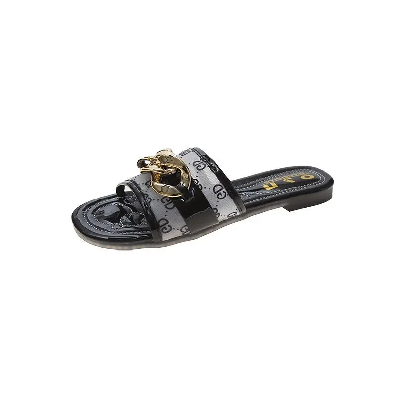 

2021 Women's Slippers Women's Square Toe Flat Outdoor Slippers Fashion Metal Decoration Open Toe Beach Ladies Shoes
