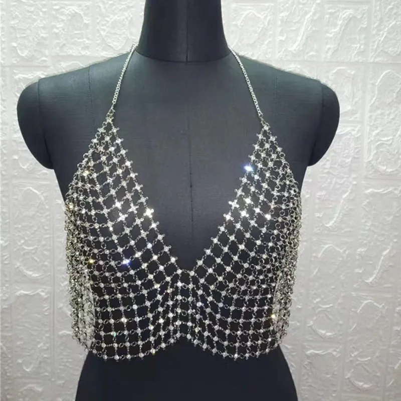 

Handmade stitching Crystal Rhinestones Tank Top Halter Grid Hollow Low Cut Backless Sleeveless Crop Top Sexy Women Nightclub Top