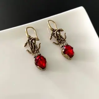 

Vintage Brass Double Snake Crystal Gem Pendant Earrings