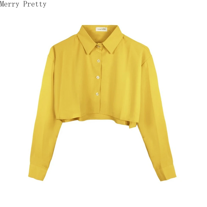 Женские однотонные Короткие топы с длинным рукавом и отложным воротником