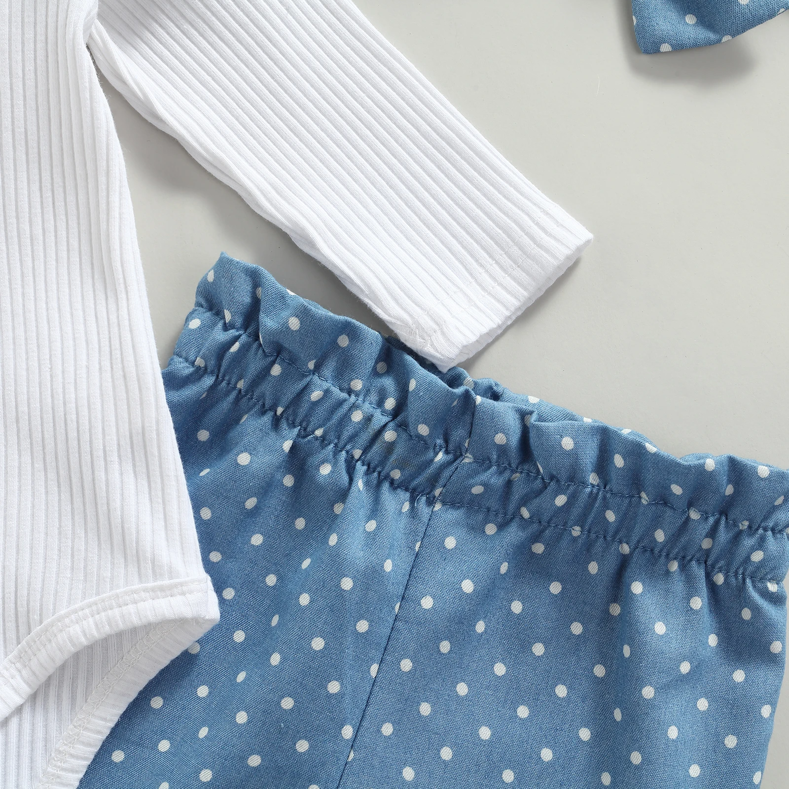 3 Pcs Newborn Casual Outfits Baby Girls Ribbed Fly Sleeve Round Neck Romper + Dot Print Flared Pants Bowknot Headband | Детская одежда