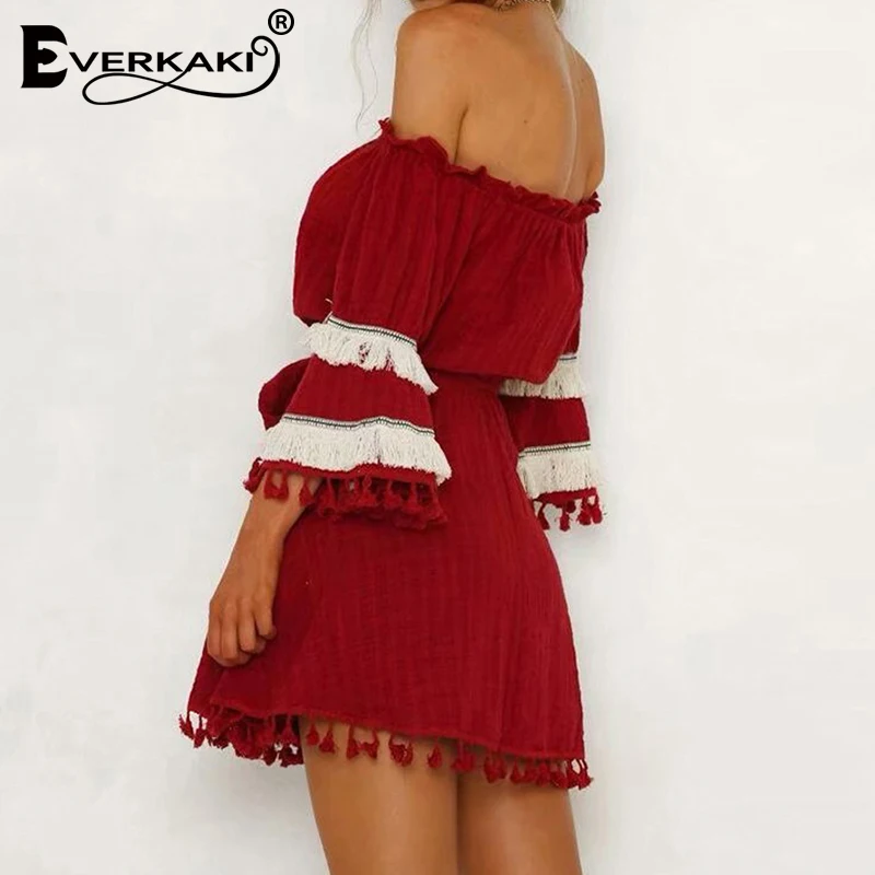 Everkaki Boho кисточки с открытыми плечами мини платье женские пояса винтажные