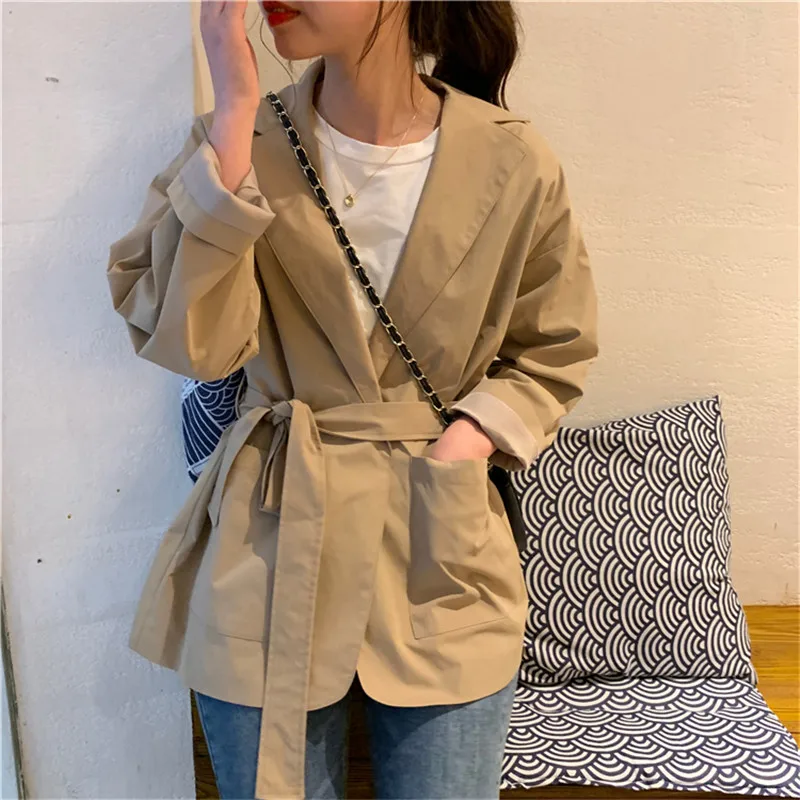 

Autumn Korean Fashion Loose Blazer Long Sleeve Belt Waisted Chic Thin Small Suit Trench Outwear Khaki Black Female Casual Jacket