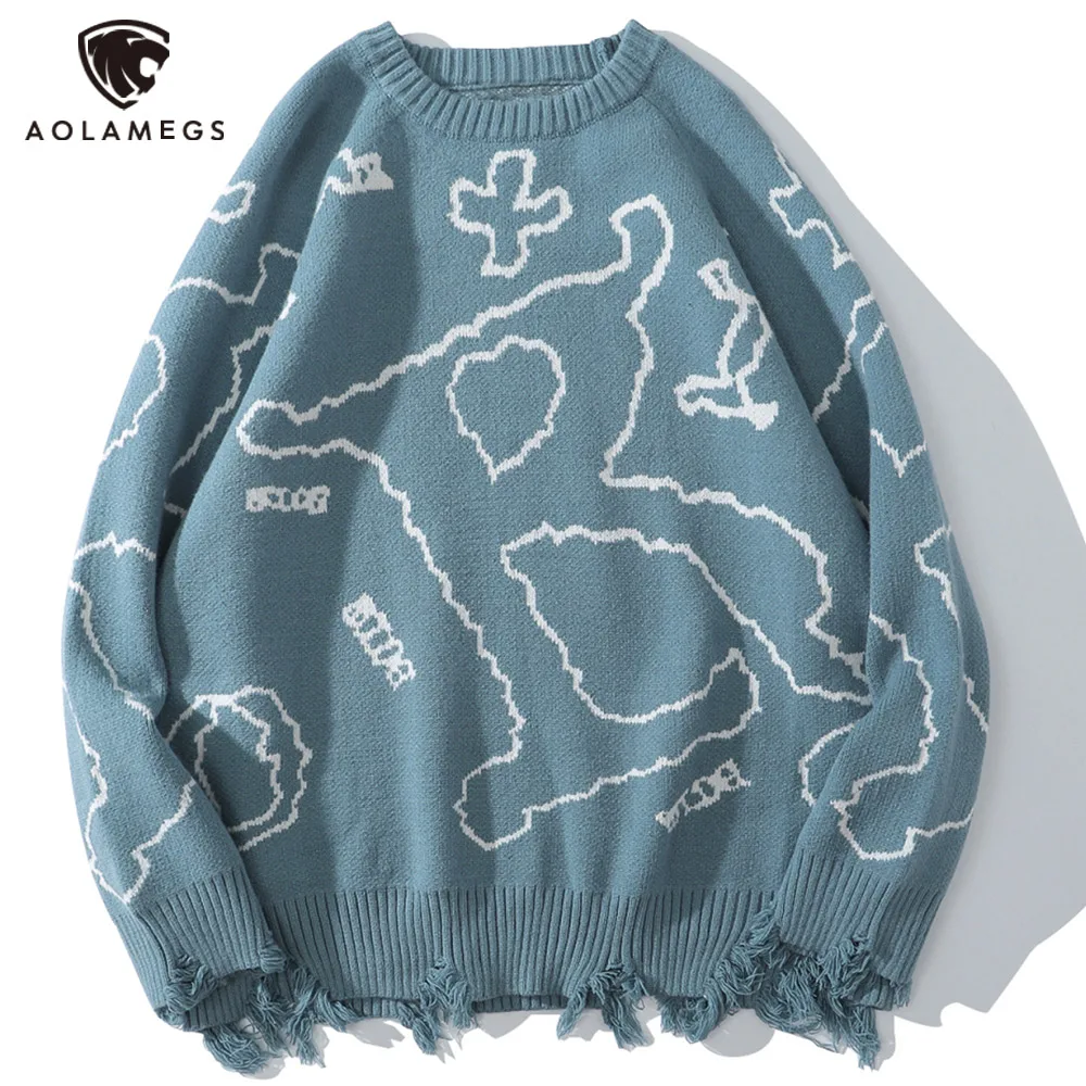 

Aolamegs Sweaters Men Hit Color Punk Cool Letter Tearing Jumper Lovers Harajuku Hip Hop Style Oversize Knitted Streetwear Autumn