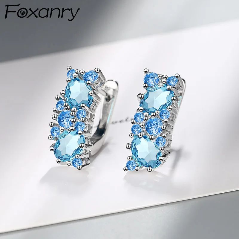 

Evimi Prevent Allergy 925 Standard Silver Stud Earrings for Women Summer Trendy Creative Sparkling Blue Zircon Bride Jewelry