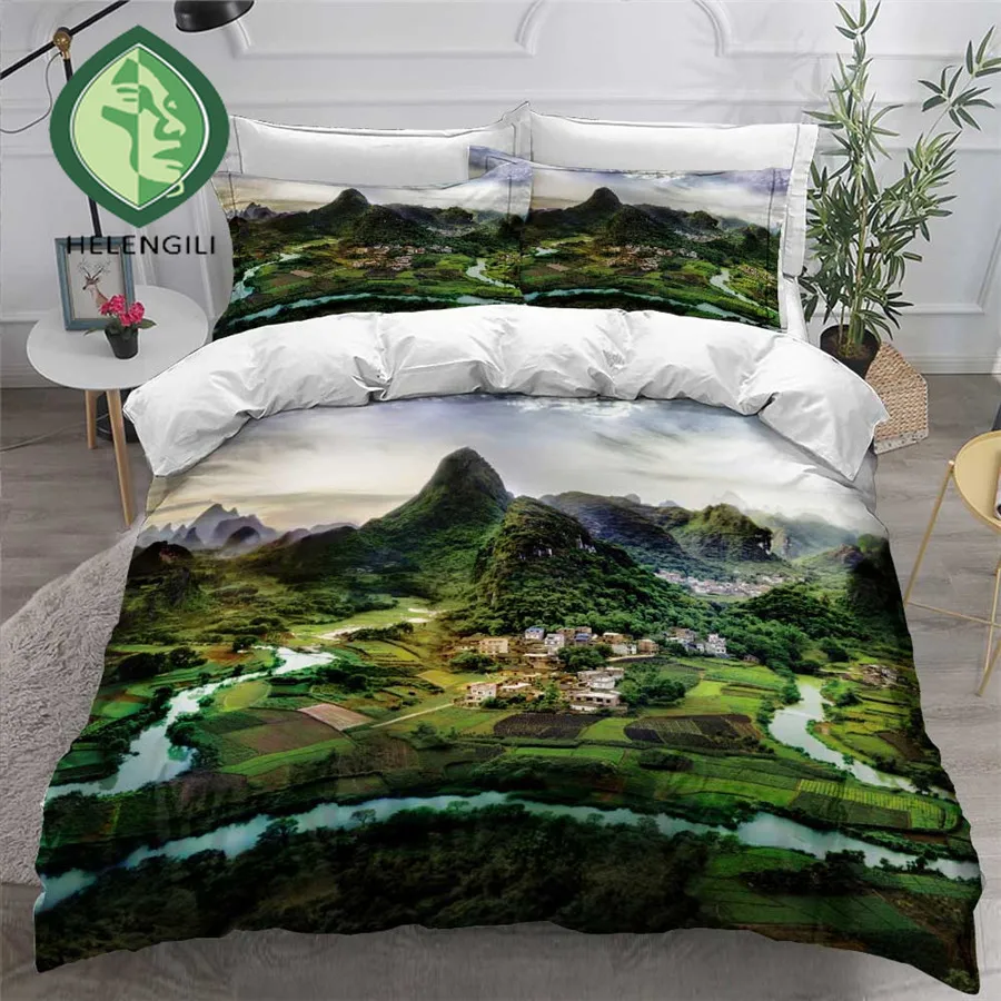 

HELENGILI 3D Bedding Set Chinese Scenery Print Duvet Cover Set Bedclothes with Pillowcase Bed Set Home Textiles #ZGFJ07