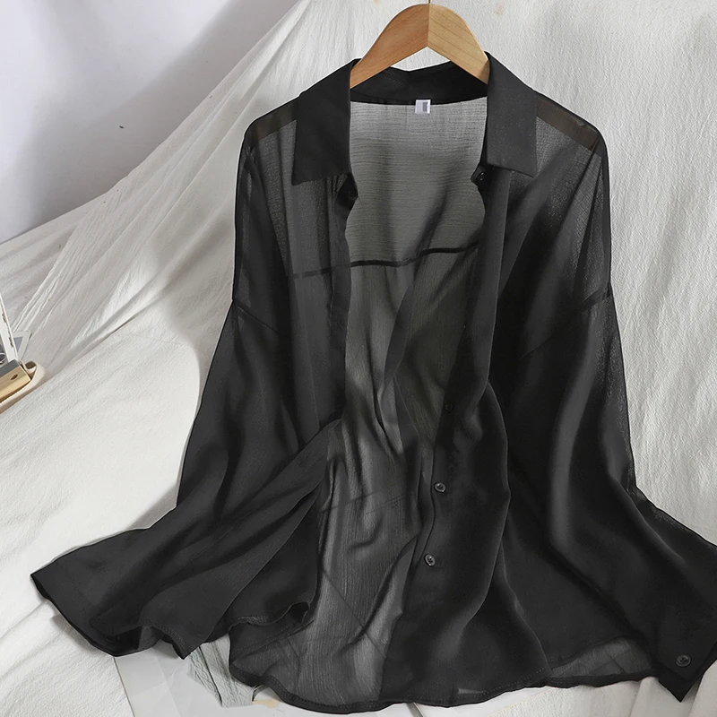 Pearl Diary Женская Летняя Пляжная накидка шифон рубашки на пуговицах прозрачные