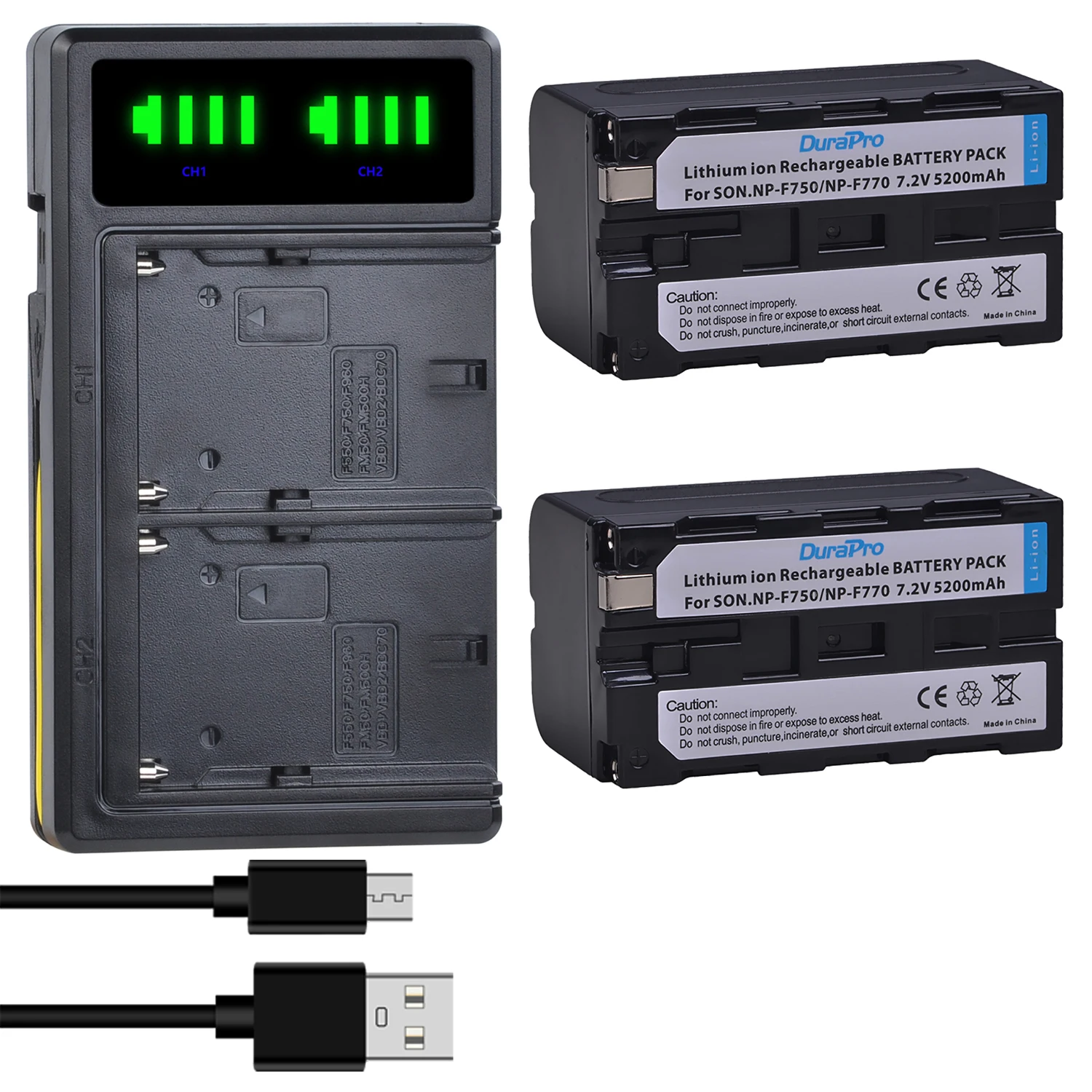 2PC 5200mAH NP-F750 NP-F770  Li-ion Camera Battery + LED USB Dual Charger for Sony NP F970 F960 F550 F570 QM91D CCD-RV100 TRU47E