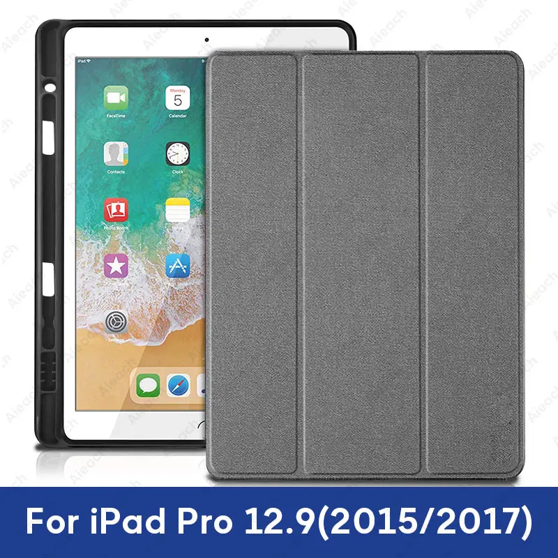 12.9 2015 17 Gray Чехол для iPad Pro 12,9 с держателем-карандашом из искусственной кожи, передняя крышка, мягкий силиконовый чехол для iPad Pro 12,9 - Цвет: 12.9 2015 17 Gray