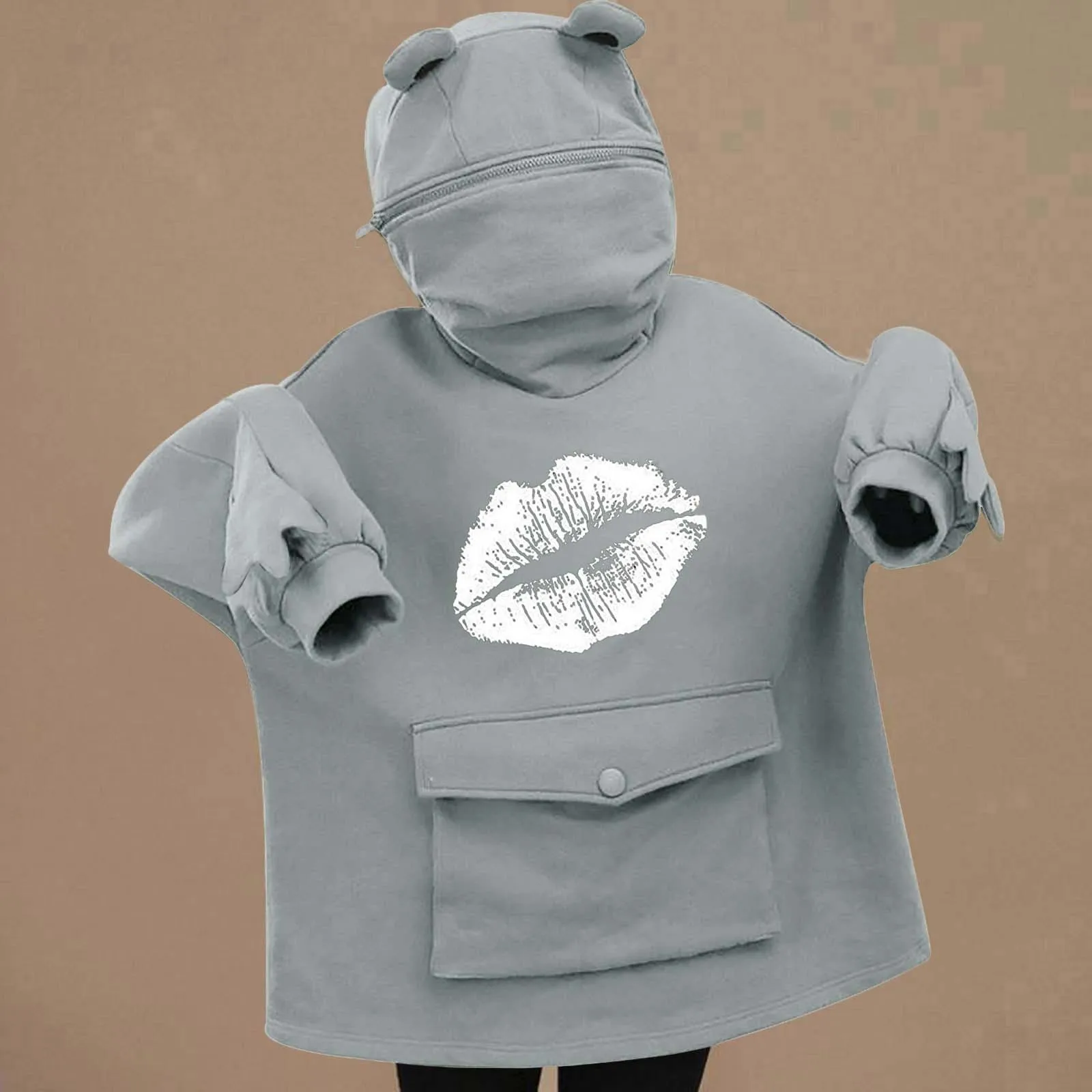Women's Long Sleeve kawaii Frog-Design Prints Pockets Sweatshirt Pullover Tops mujeres sweetshirts sudaderas con capucha