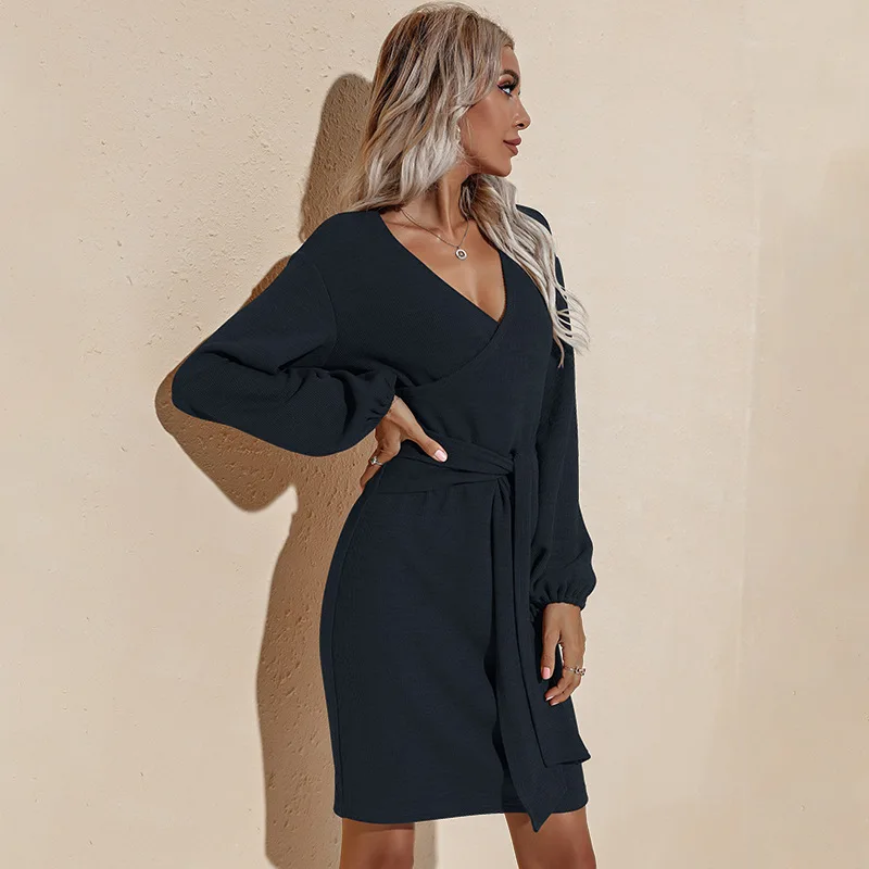 

Lady Sexy Mini Bodycon Dress V-neck High Waist Office Dresses Sash Tie Up Fall Winter Vocation Style Elegant Evening Party Dress