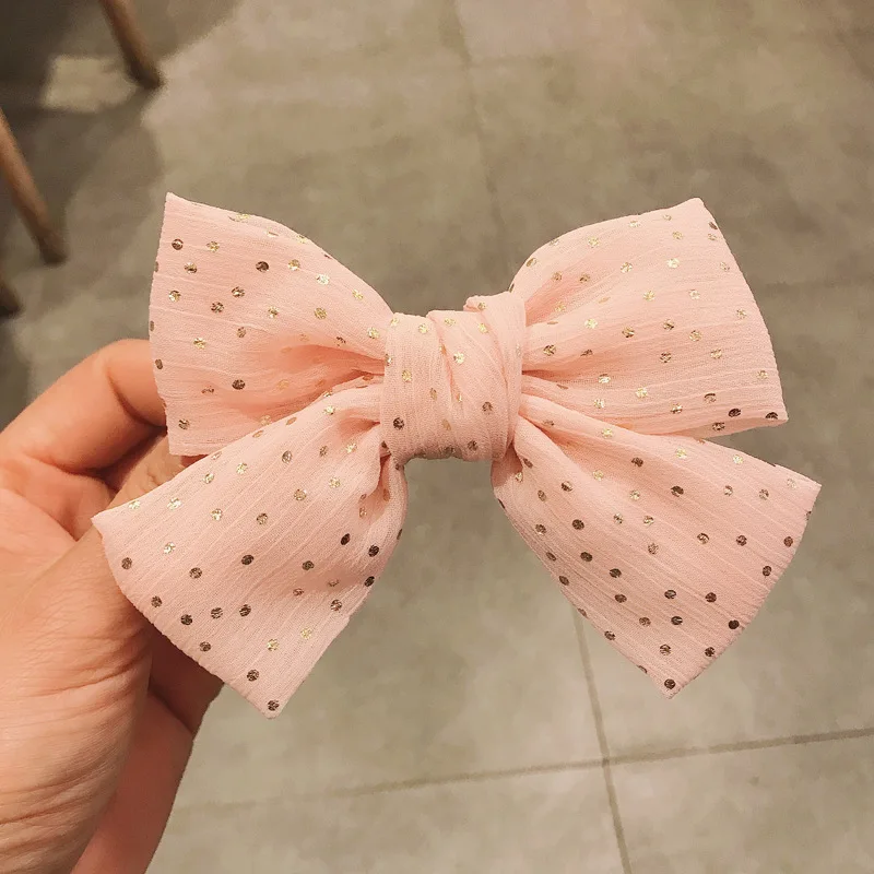 

Bronzing Dot Bow Hair Clip Chiffon Fabric Hairpins Metal Spring Clips Top Clip Handmade Hairgrips Women Girls Hair Accessories