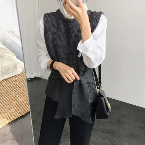 2019 Fall Women Sleeveless Knitting Vest Korean Fashion Bow Ties Designer Waistcoat Sweater |