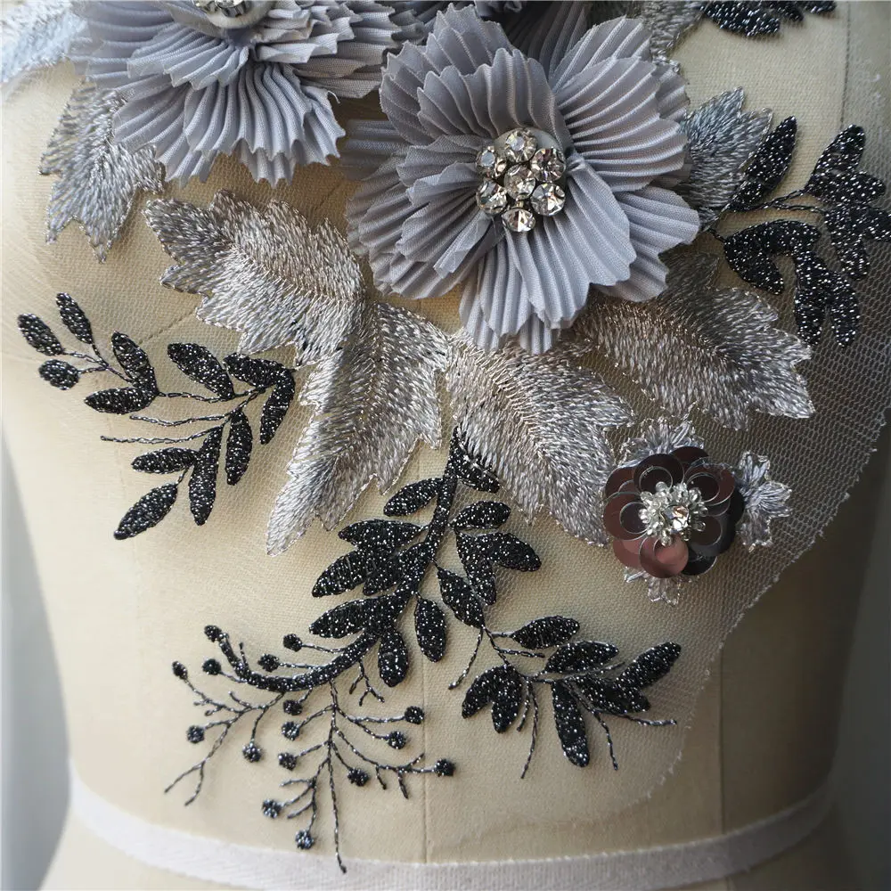Серые 3D Цветы Стразы кружевная ткань вышитая искусственная отделка воротник