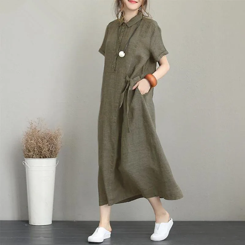

Cotton and Linen Solid Color Lapel Short Sleeve Loose Pocket Women Casual Dress Maxi Dresses for Women