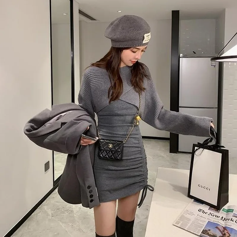 

Elegant Vintage Knitted Dress Women Casual Long Sleeve Slim Y2k Mini Dress Female Solid Party One Piece Dress Korean 2021 Spring