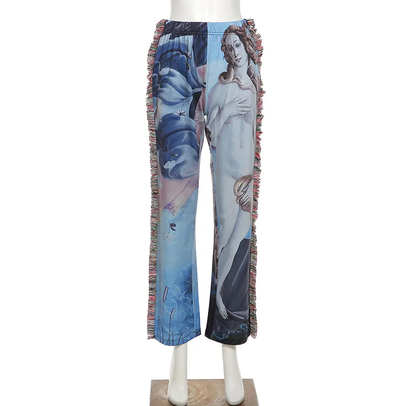 

ANJAMANOR Streetwear Carpet Pants Women Y2k Cute Cartoon Printed High Waist Trousers Tassels Aesthetic Bottoms Hip Hop D87-DZ38
