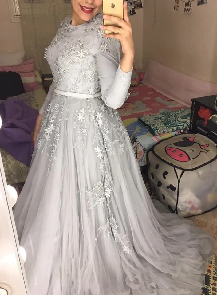 2020 Aso Ebi мусульманские серебряные кружевные вечерние платья с длинным рукавом