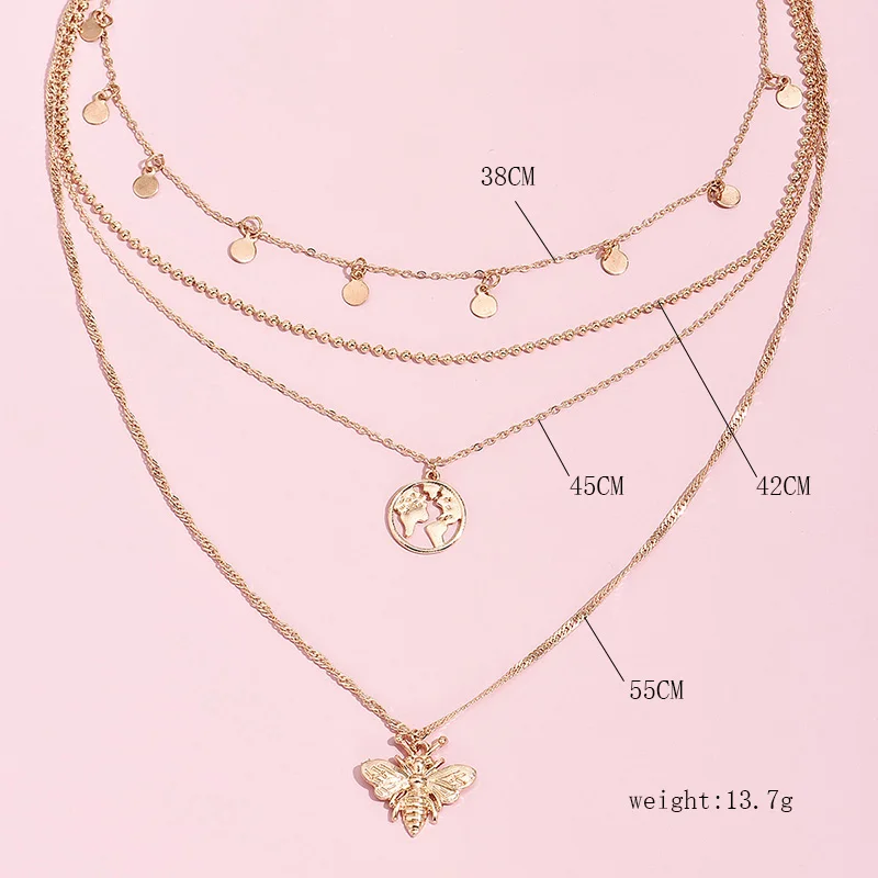 Многослойная золотая цепочка с подвеской в виде карты и пчелы|Ожерелья