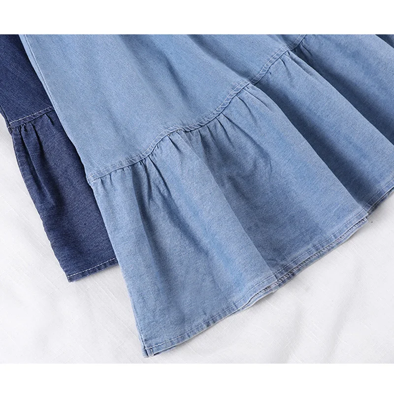 

Summer Women Korean Vintage Streetwear Midi Plain Denim Skirts A-line Loose Elastic High Waist Casual Ruffle Skirts Lady B14923X