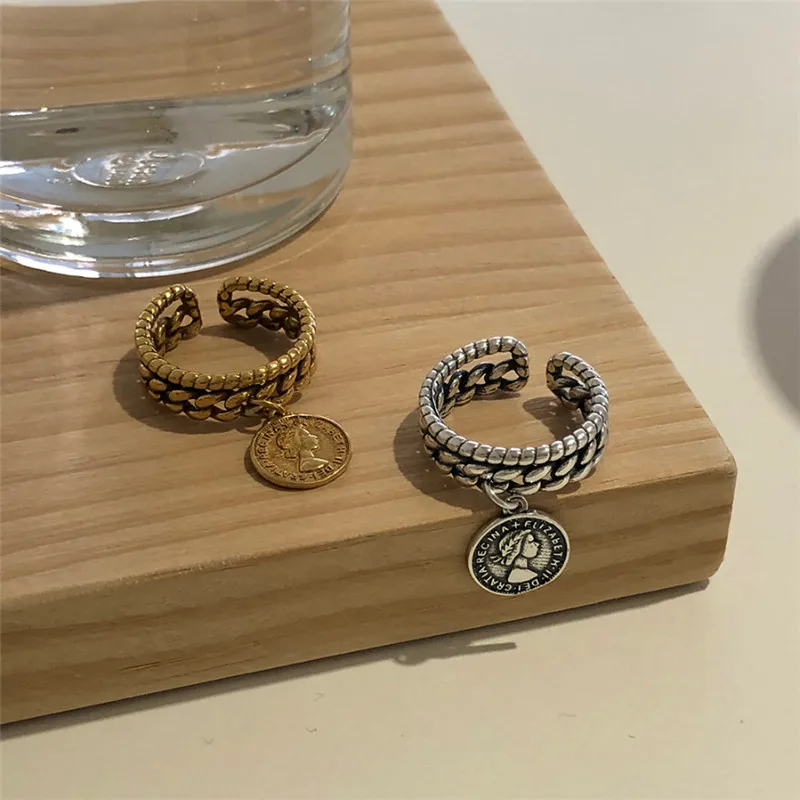 

RUIYI Real 925 Sterling Silver Minimalist Geometric Simple Desgin Open Rings Penny Coin Charm Make Old Distressed Female Rings